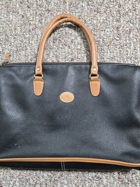 Vintage Monique Large Black Pebbled Satchel Top Handle Bag Tan 2 Handles Zip